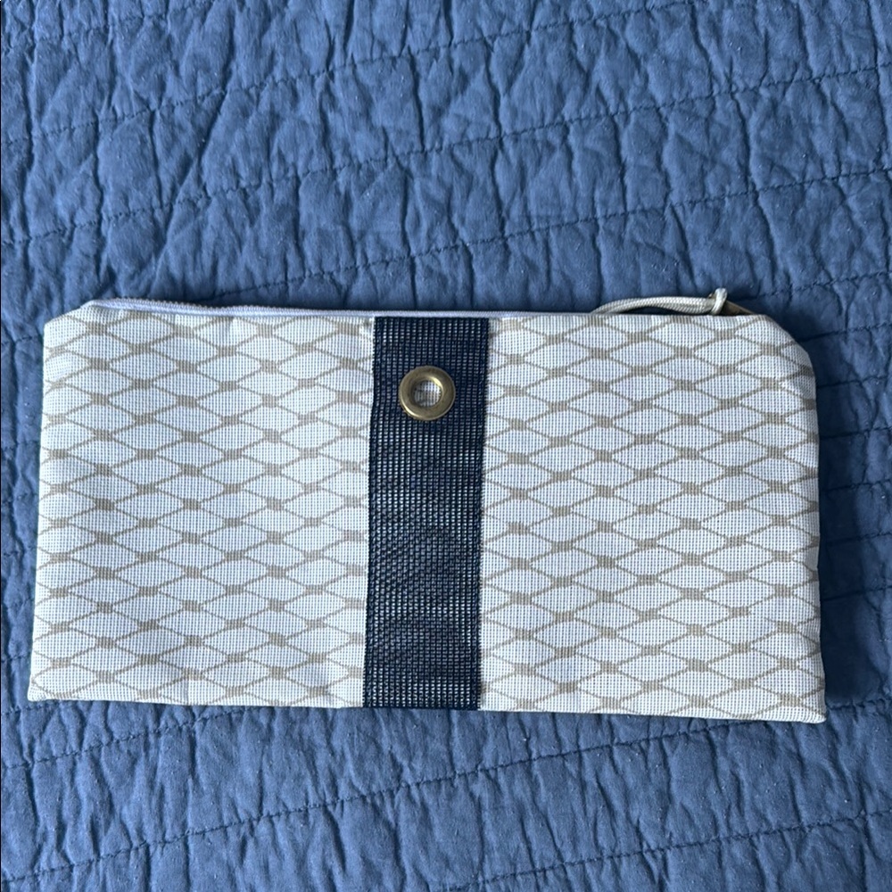 Alaina Marie White and Blue Geometric Clutch